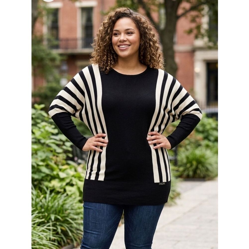 Take 50% OFF- Carol Rose Plus Striped Black&White Sweater, Size-1X